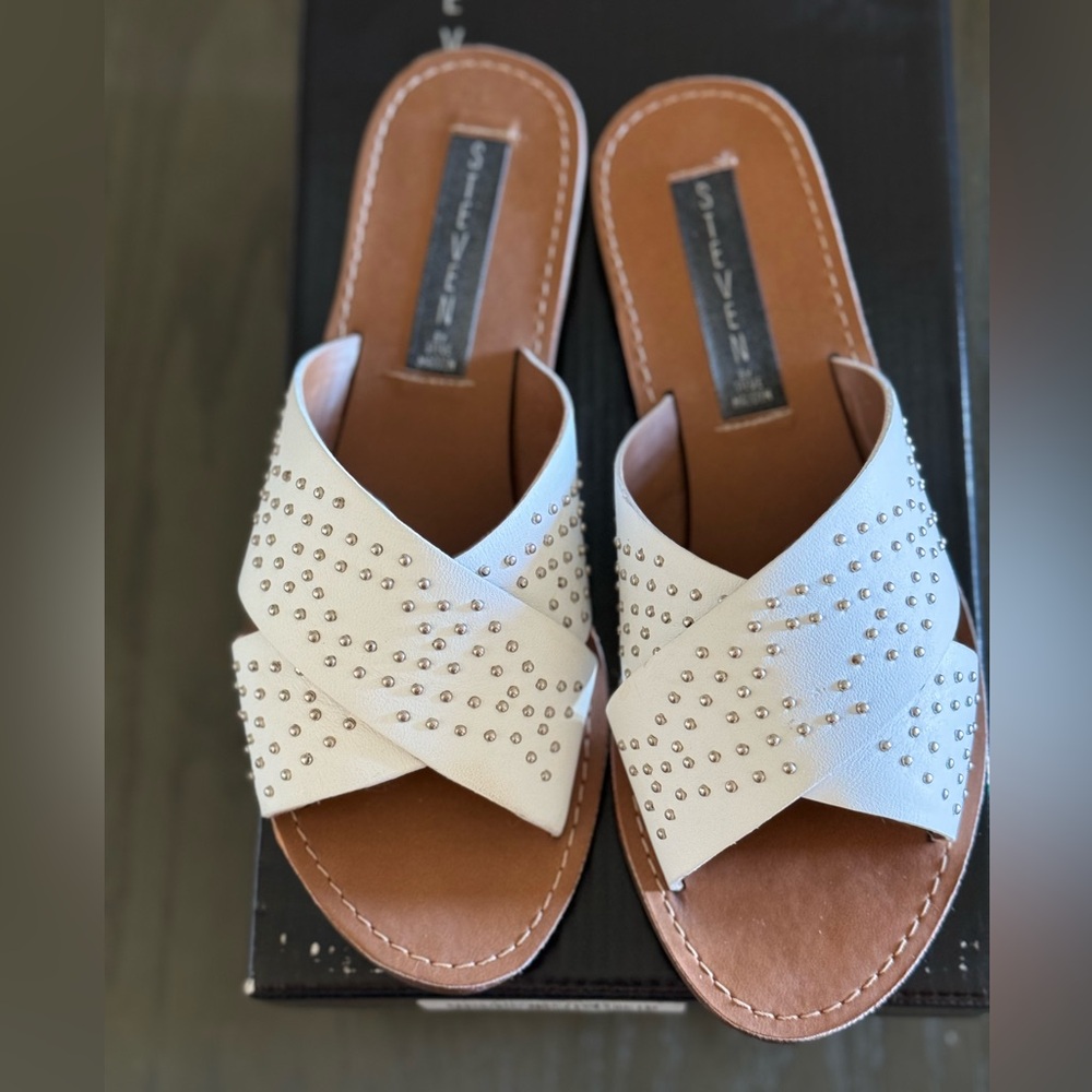 Steven by Steve Madden White Studded Leather Slides